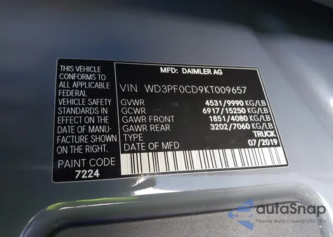 2019 Mercedes-Benz Sprinter 3500 High Roof V6 z USA, uszkodzony, nr VIN WD3PF0CD9KT009657